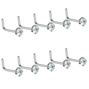LOTE DE 10 PIEZAS JUEGO DE CLAVIJAS 18G 2mm CZ TRANSPARENTE L DOBLADA ANILLOS DE NARIZ ACERO QUIRÚRGICO - Imagen 1 de 1
