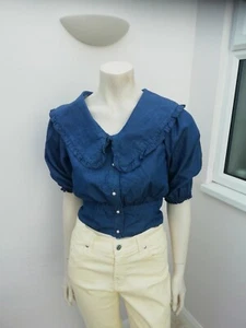 New Look Denim Crop Puff Sleeves Blouse Size 6 - Picture 1 of 8