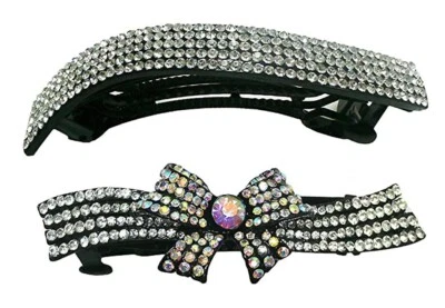 Set of 2 Bella Crystal Barrettes 2 Styles Vintage Curvy Bar Ribbon Bow NM2/NMB-2 - Image 1 of 4