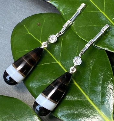 复古钻石耳环 14K 白金玛瑙庄园精美珠宝二手 — 第 1/4 张图片