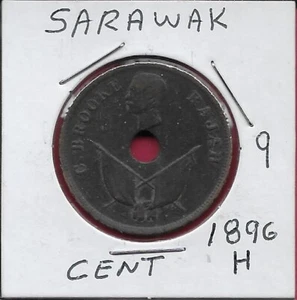 SARAWAK,BRITISH PROTECTORATE 1 CENT 1896-H HEAD LEFT ABOVE HOLE IN CENTER,CROSSE - Picture 1 of 2