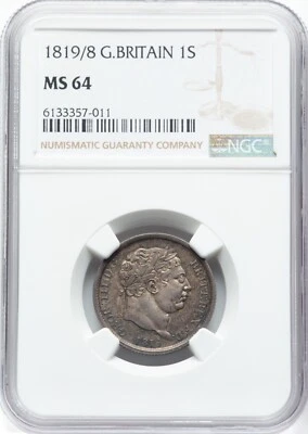 ENGLAND GEORGE III 1819/8 SHILLING SILVER COIN, UNCIRCULATED, NGC CERTIFIED MS64 - Image 1 of 4