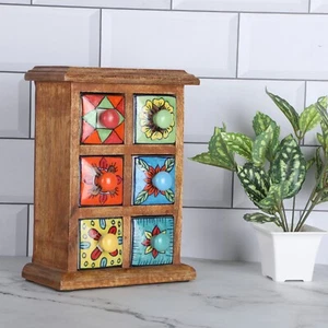 Handpainted Multicoloured Ceramic 6 Drawers Chest Mango Wood Jewellery Box Store - Picture 1 of 8