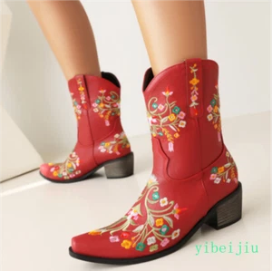 Western Ankle Boots Cuban Heel embroidery Flower SquareToe Women's Pull on Shoes - Picture 1 of 31