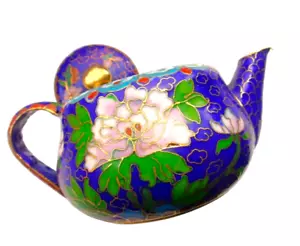 MCM Cobalt Enamel Cloisonné Mini Teapot - Pink Peony Floral Design Green Gold EC - Picture 1 of 9