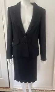 New ESCADA Black Wool Suit Scalloped Accented Jacket & Skirt Both Size 40 US 10 - Picture 1 of 15