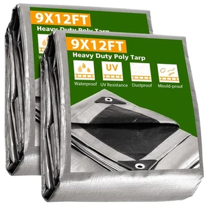 9x12 Ft 2 Pack Waterproof Poly Tarp Heavy Duty 10-mil Tarpaulin Outdoor Cover - Picture 1 of 9