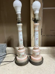 Pair 2 Art Deco Candlestick Pink White Satin ? glass Boudoir Table Lamps Flowers - Picture 1 of 16
