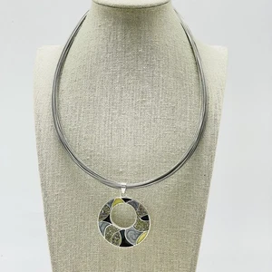 Statement Multi Strand Choker Necklace Disc Pendant Silvertone Gold Rhinestone - Picture 1 of 4