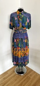 Vintage 80's Mandy Marsh Button Down Belted Shirt Dress w Pockets Abstract Pleat - Picture 1 of 10