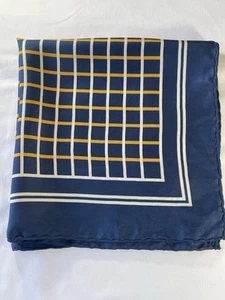 Pañuelo/pañuelo de bolsillo de seda grande vintage - azul marino/blanco/amarillo a cuadros - Imagen 1 de 4