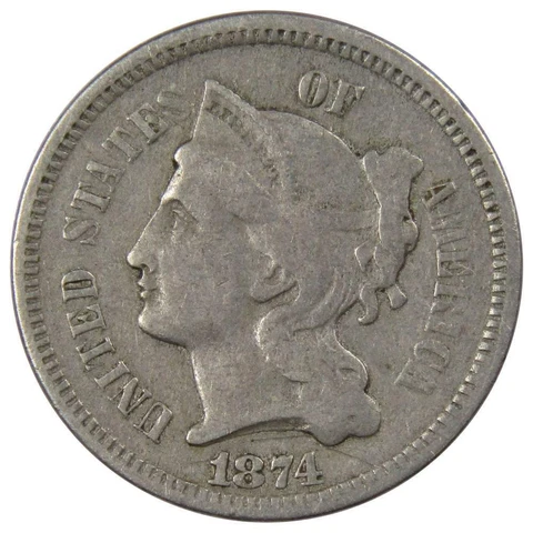 1874 Three Cent Piece F Fine Nickel 3c US Type Coin Collectible Cover