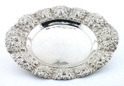 UN PLATO CUENCO FLORAL PLATA ESTERLINA .800 VINTAGE FINALES DE 1800 principios de 1900 AS44 Foto 1 de 4