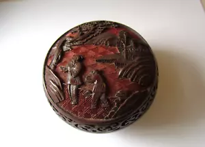 Vintage Chinese Red Cinnabar Cloisonne Trinket Box Lidded Jar Blue Enamel 3.5" - Picture 1 of 3