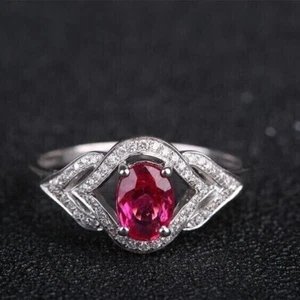 2 Ct Oval Cut Simulated Pink Ruby Engagement Halo Ring 14K White Gold Plated - Picture 1 of 4