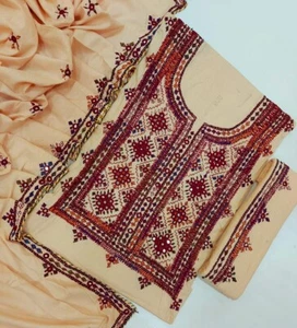HAND EMB BALOCHI/AFGHAN 3Pcs CAMBRIC MIRROR WORK SUIT. UNSTITCHED. BEIGE - Picture 1 of 2