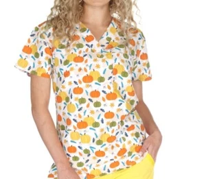 NWT Women's 2X Harvest Bliss Fall Print I Love Scrubs Scrub Top - Picture 1 of 1