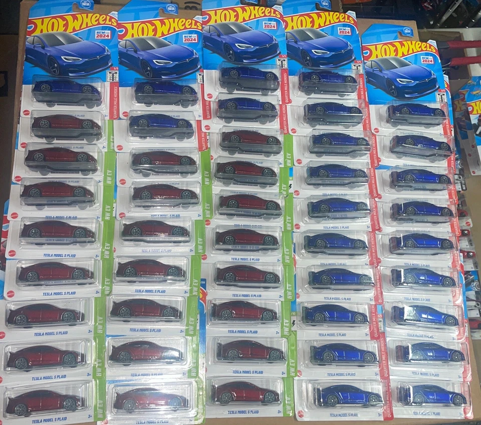 Hot Wheels Tesla Model S Plaid Blue Quarter Mile Heroes HW EV Red Lot of 50 - Image 1 of 4