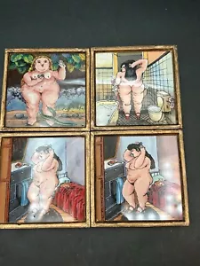 Vintage Lot 4 Fat Nude Woman Lady Coasters Made in Peru Hand Painted - Picture 1 of 6