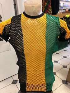 JAMAICA COLOURS - BLACK YELLOW GREEN STRING FISHNET MESH T SHIRT REGGAE CULTURE - Picture 1 of 2