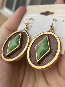 Barse Bronze Leather Inlay Turquoise Drop Earrings