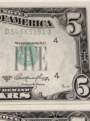 Error 《Seal Up》3  Consecutive 1950A $5 Federal Reserve Notes D Cleveland UNC - Image 1 of 3