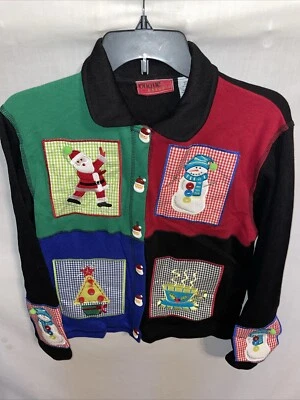 Cárdigan de Navidad Onque Informals para mujer talla pequeña negro bloques de colores botones de Santa Foto 1 de 4