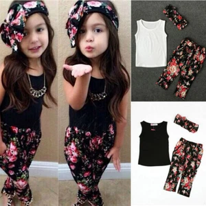 3PCS Toddler Kids Baby Girls Clothes Tank T-shirt Tops Floral Pants Outfits Set - Picture 1 of 8
