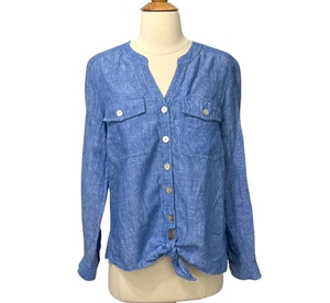 John Mark Linen V-Neck Blouse Long Roll Tab Sleeves Tie Waist Blue Resort Size S - Picture 1 of 11