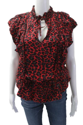 Zadig & Voltaire Women Red Animal Print High-Neck Blouse Tie Size S - Image 1 of 4