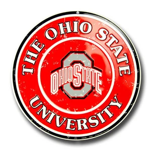 OHIO STATE UNIVERSITY 12" ROUND EMBOSSED METAL SIGN OHIO STATE BUCKEYES MAN CAVE - Picture 1 of 1