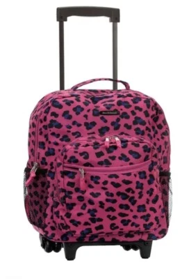 Rolling Backpack Bag Carry On Bag 17 in. Shoulder Strap Wheels Pink Leopard - Image 1 of 4