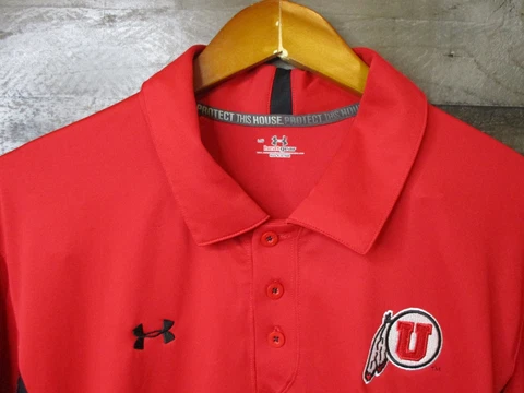Utah Utes Polo Shirt Mens Large Under Armour Heatgear Red NCAA Stretch Pullover Cover