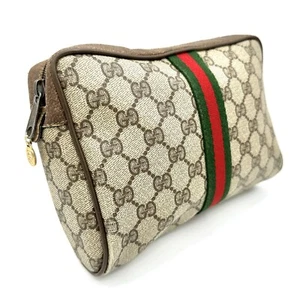Gucci GG Supreme Sherry Line Pouch Beige/Brown PVC/Leather Auth - Picture 1 of 15