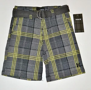 $38 NWT HURLEY boys shorts & belt adjustable waist 6 7 gray black yellow cotton - Picture 1 of 3