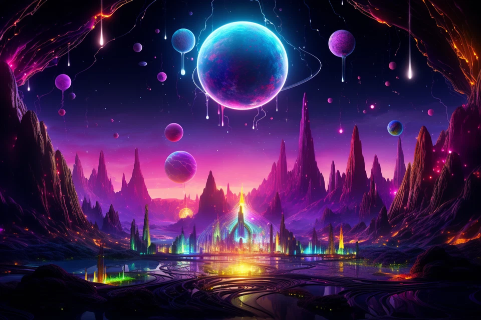 Tapiz UV Dream Land, reactivo a la luz negra, colgante de pared psicodélico, arte DMT Foto 1 de 4