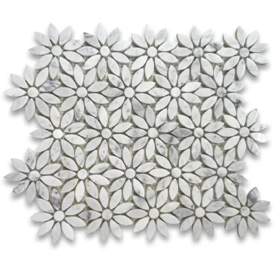 C9D0XP Daisy Flower Tile Carrara Venato White Carrera Marble Mosaic Polished - Image 1 of 4