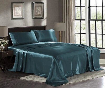 Teal Full Size Satin Silky Sheet Set With Pillowcase Microfiber Deep Pocket - Image 1 of 4