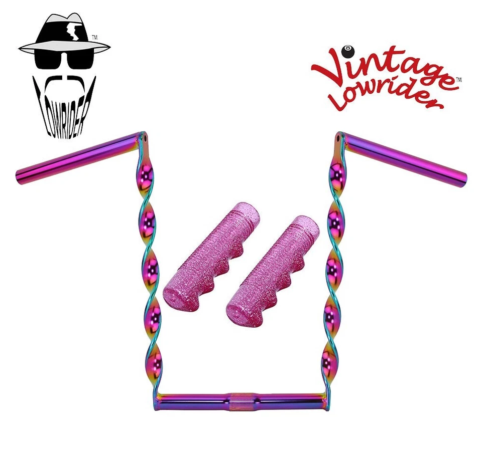 Manillar de colección Lowrider 15" plano trenzado 25,4 mm neón, 120 mm rosa brillante empuñaduras Foto 1 de 1
