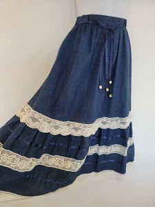 Vintage Skirt Midi Blue Cotton Lace Retro Gypsy Bohemian Peasant Size 8 Prairie - Picture 1 of 14