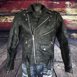 Vtg Diamond Plate Mens Buffalo Leather Motorcycle Jacket Sz M Black Belted Laced - Picture 1 of 18