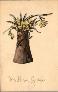 Vintage Birthday Daffodils Flowers in Vase ~ Early 1900s - Picture 1 of 3