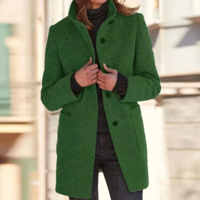 Woolen Jacket Winter Coat Outerwear Trench Jacket Overcoat Pockets Solid Buttons - Image 1 of 4