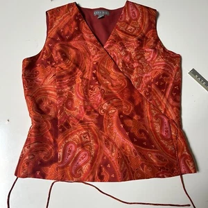 Kate Hill Womans Size 12 Orange Paisley Silk Wrap Sleeveless Blouse Vest NWT - Picture 1 of 5