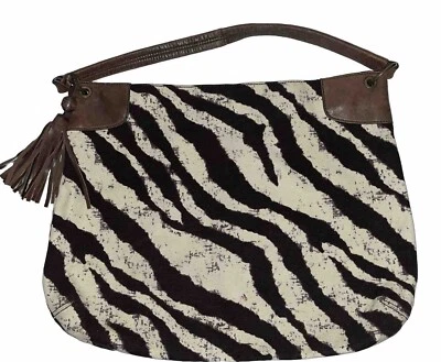 Banana Republic Large Canvas And Leather Tote Handbag Brown Zebra Print Packable - Image 1 of 4