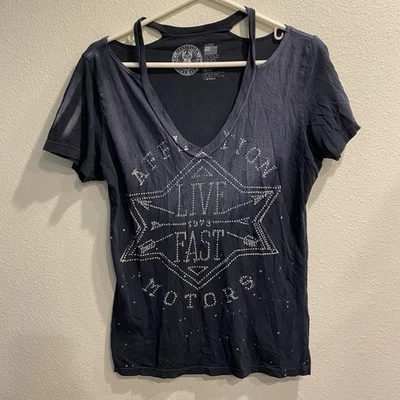 Camiseta de hombro frío Affliction talla L con pedrería defectos de fecha  Foto 1 de 4