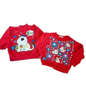 90s Girls Size 3T Kitty Cat Graphic Sweatshirt Lot 2 Red Puffy Paint Dogs VTG - Picture 1 of 11