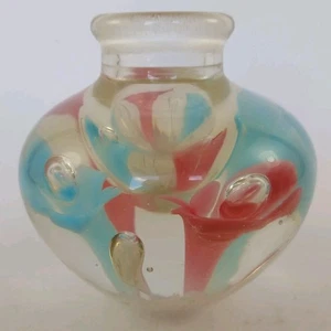 Kunstglas mundgeblasen rosa blau Blumen Kerzenständer Kerzenhalter Briefbeschwerer Vintage - Bild 1 von 9