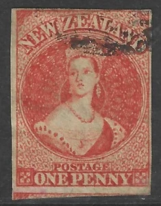 NEW ZEALAND 1862 1d carmine-vermilion NZ watermark imperf, FU. SG 97. Cat.£350. - Picture 1 of 2