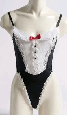 Lencería de peluche de esmoquin de nailon negro/blanco HW de colección años 80 ¡Sexy body de conejito! L USA Foto 1 de 4